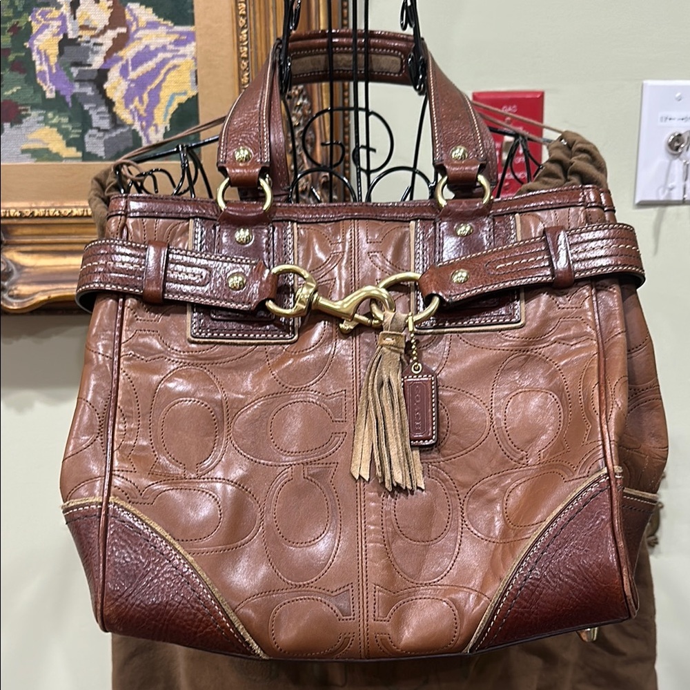 Coach Brown and Gold Leather Satchel with Tassel Accent
